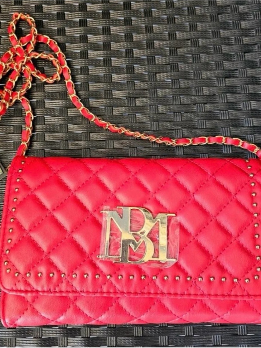 Badgley Mischka Red Quilted Crossbody with Gold Chain and Logo
